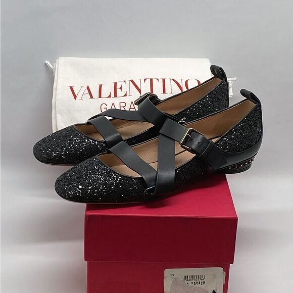 Valentino Garavani Rockstud Strappy Glitter Ballerina Flat size 37 - Picture 11 of 13